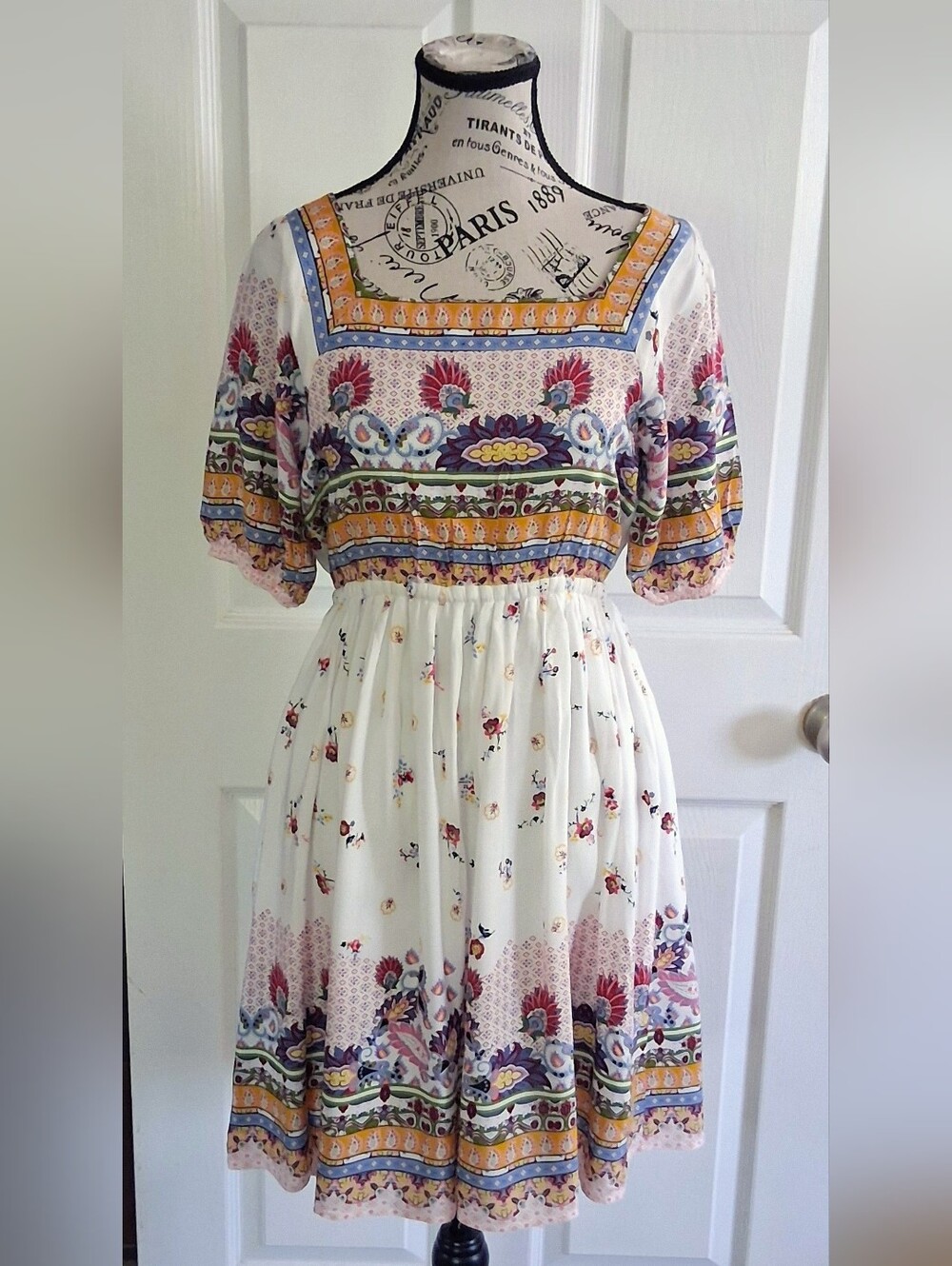 in loom White Midi Dress with Multi-Color Boho Floral Print